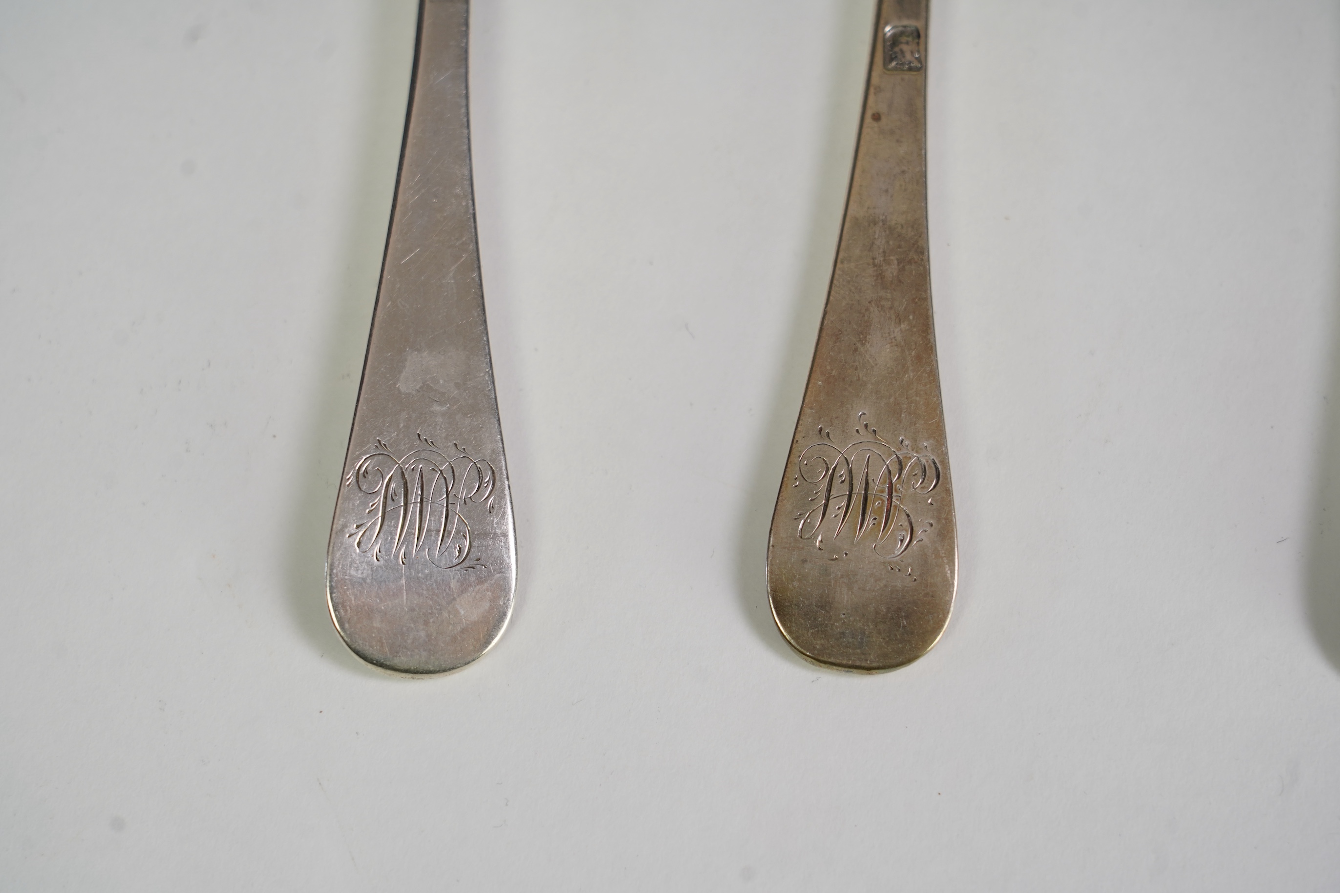 A set of six late George I silver Hanoverian rat tail table spoons, by Hugh Arnott & Edward Pocock